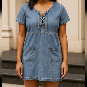 Vintage 90S Y2K Western Farmhouse Smock Lace Up Mini cotton Denim Dress Size PM